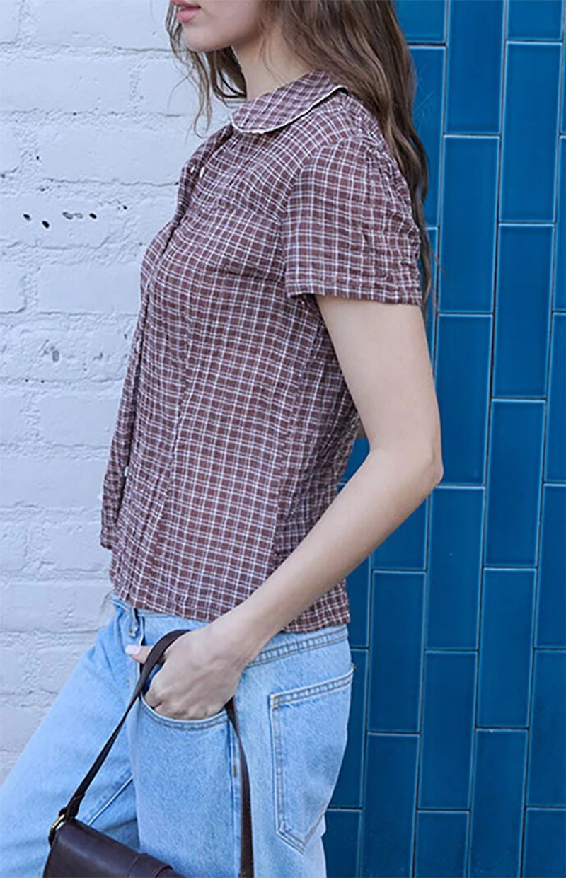 John Galt Brown Plaid Textured Teagan Collared Top