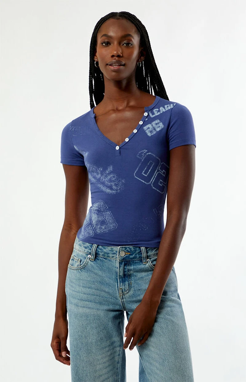 Your Favorite Varsity Print Short Sleeve Henley Top