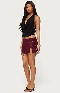 Edikted Chiffon Sequin Bead Fringed Mini Skort