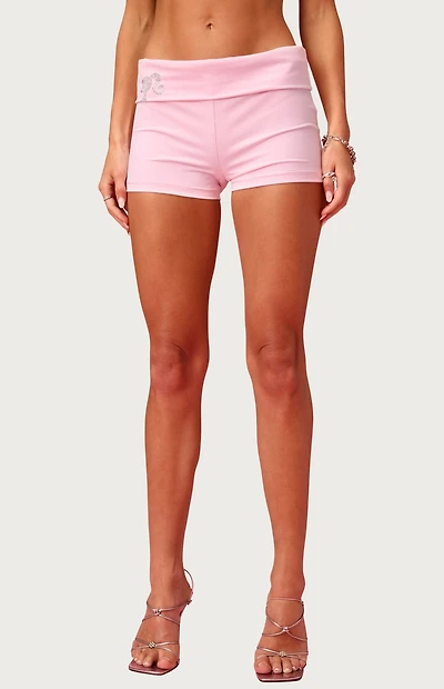 Edikted Barbie Rhinestone Foldover Shorts