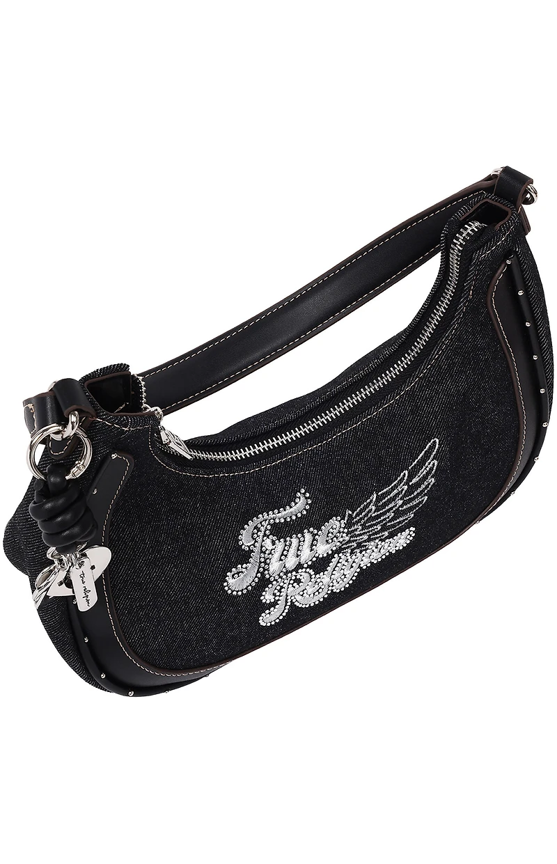 True Religion Black Wing Motif Denim Hobo Bag