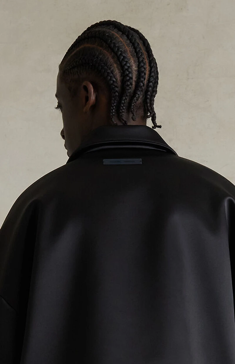 Fear of God ESSENTIALS Jet Black Bonded Satin Zip Up Bomber Jacket