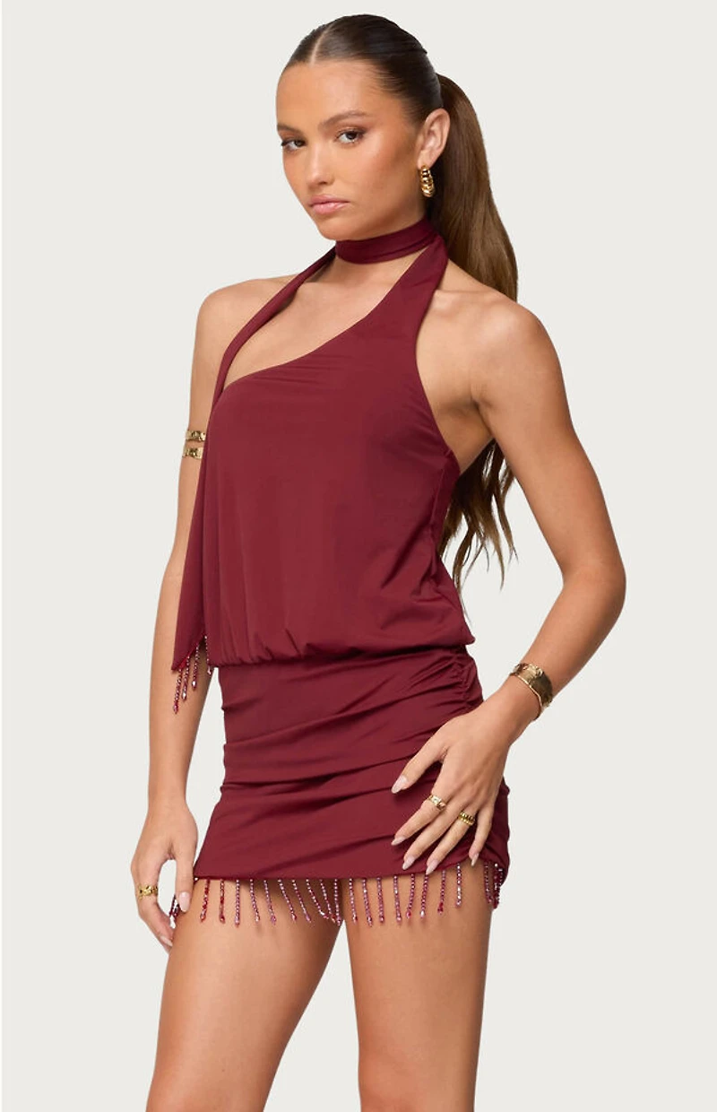 Edikted Danit One Shoulder Fringe Mini Dress