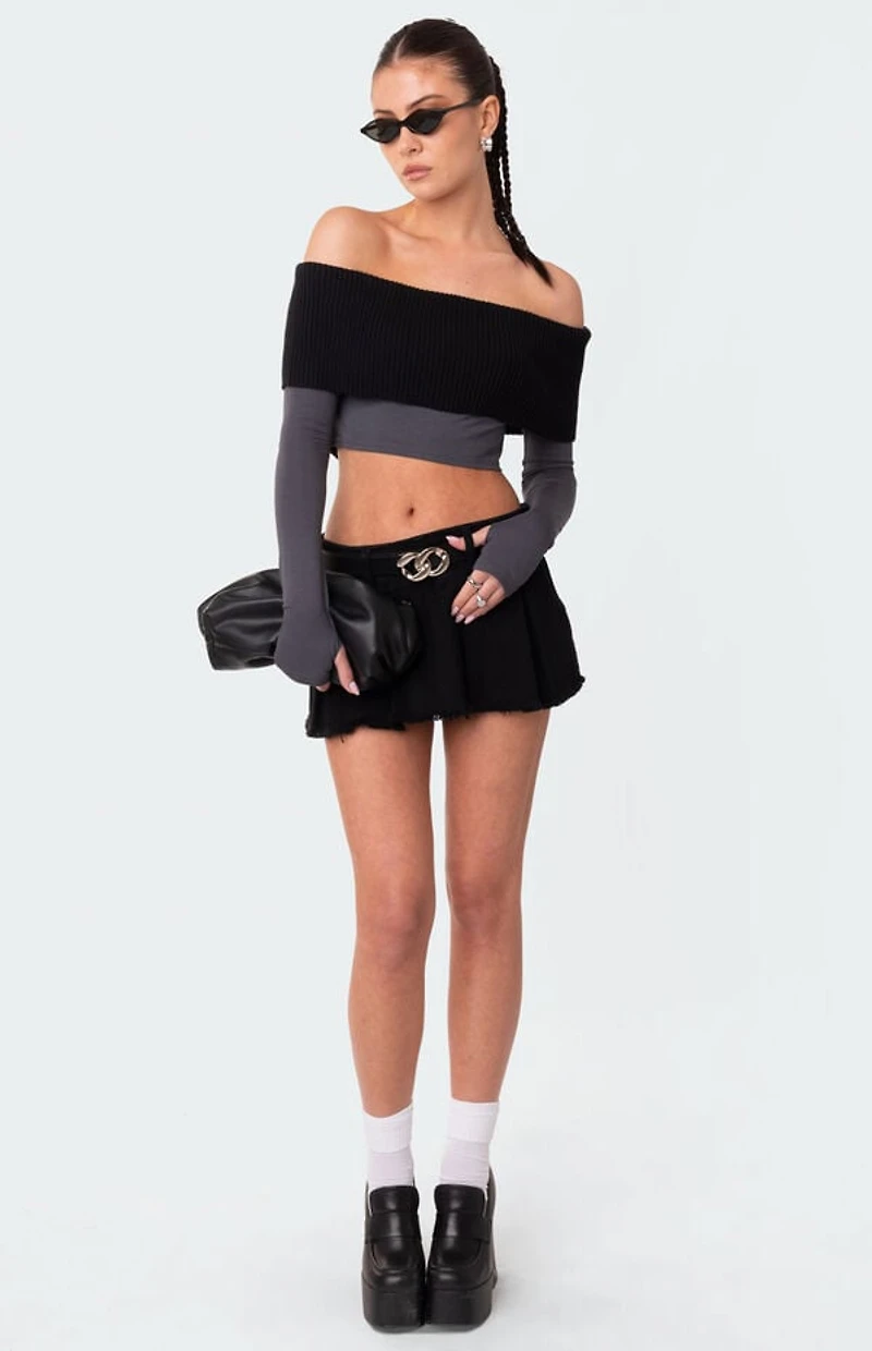 Edikted Washed Denim Pleated Micro Skort