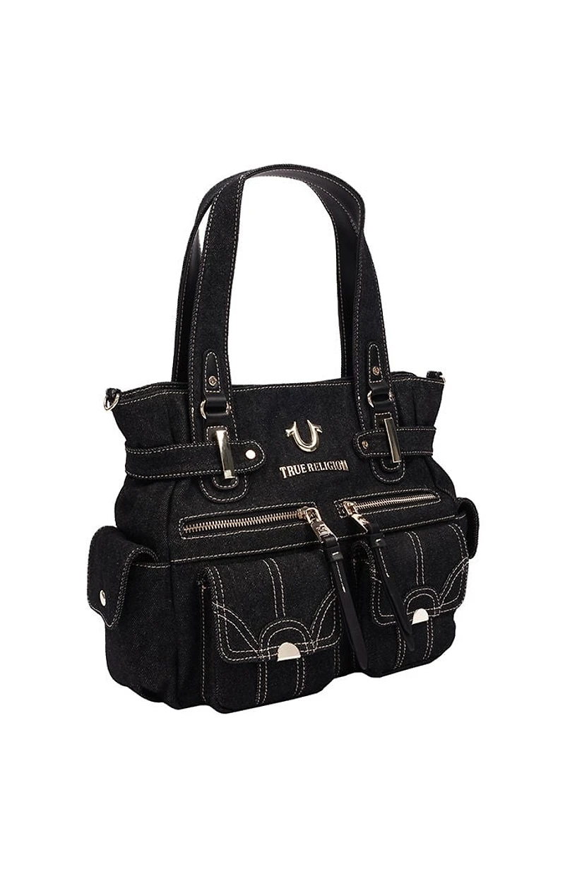 True Religion Multi Pocket Black Denim Cinch Tote Bag