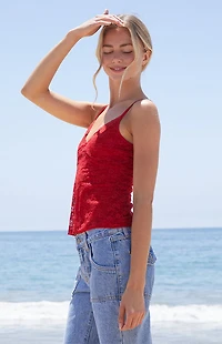John Galt Red Amara Lace Tank Top