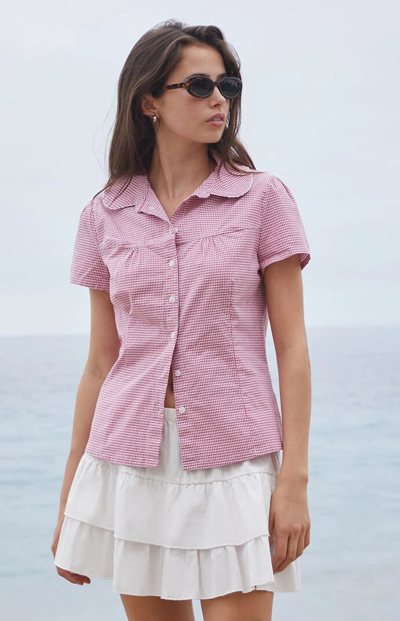 John Galt Red Gingham Teagan Collared Top