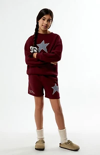 Pacsun Kids Maroon Plaid Star Embroidered Sweat Shorts