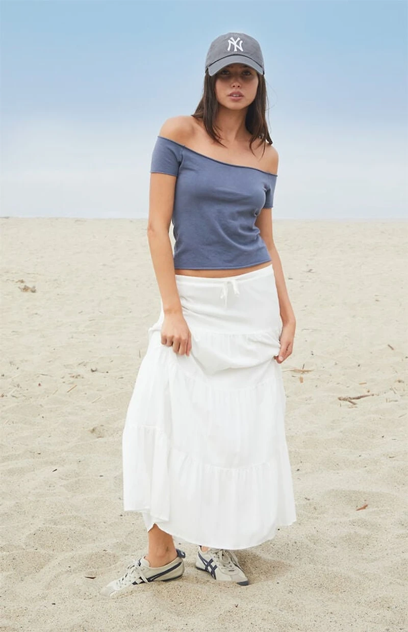 John Galt Dark Blue Bonnie Off-The-Shoulder Crop Top