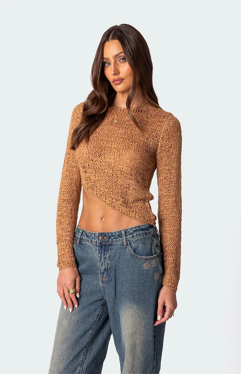 Edikted Sheer Loose Knit Asymmetric Top
