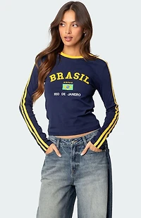 Edikted Brasil Embroidered Long Sleeve T-Shirt