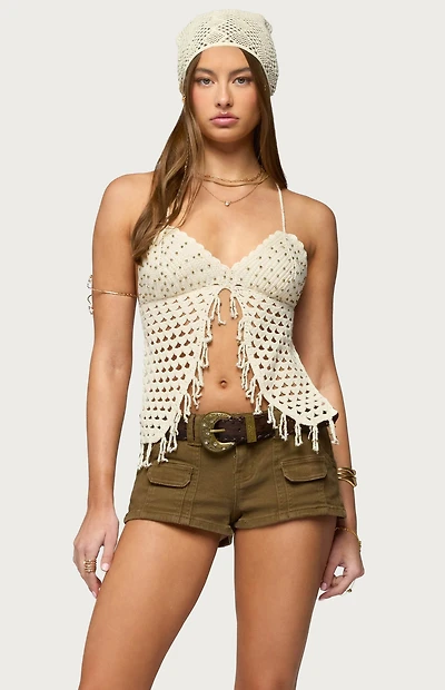 Edikted Maggie Bead Split Front Backless Crochet Top