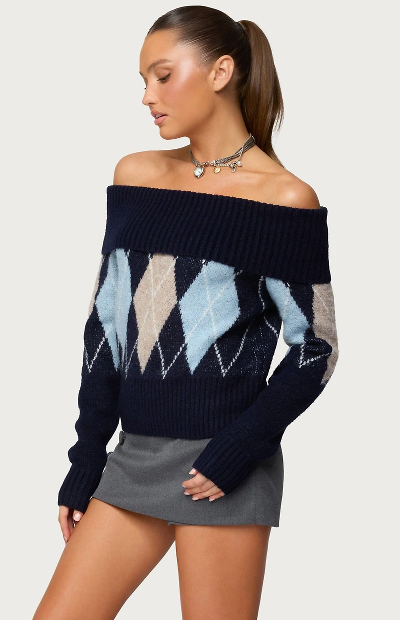 Edikted Jakarie Argyle Foldover Sweater