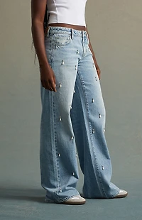 RARE DNM EDIT Light Indigo Pearl & Rhinestone Low Rise Baggy Jeans