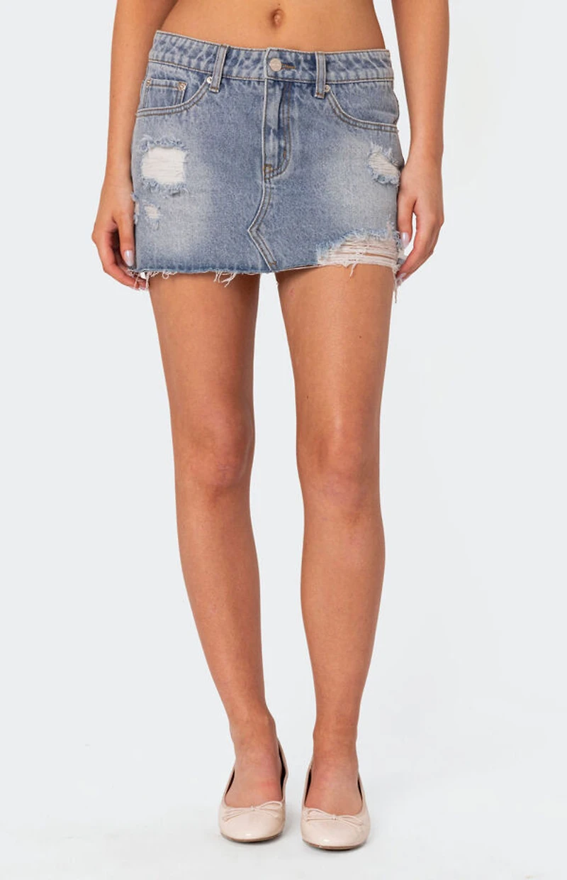 Edikted Ginnie Low Rise Distressed Denim Mini Skirt