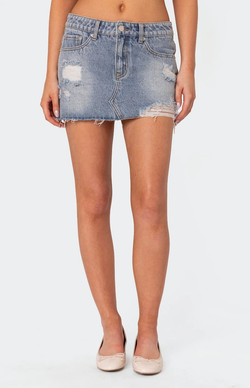 Edikted Ginnie Low Rise Distressed Denim Mini Skirt