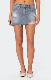 Edikted Ginnie Low Rise Distressed Denim Mini Skirt