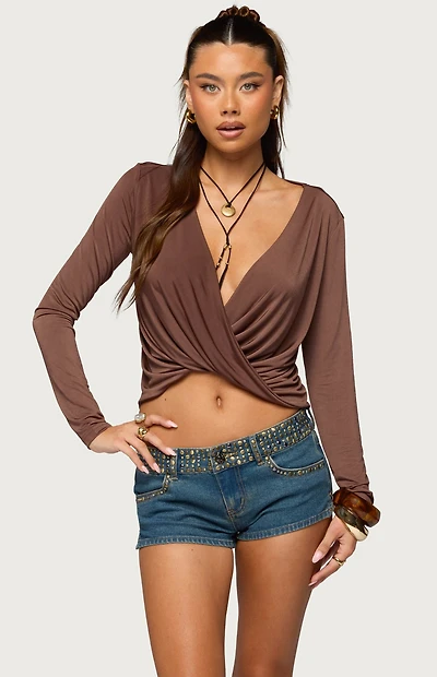 Edikted Draped V Neck Long Sleeve Top