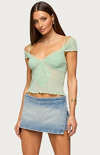 Edikted Shoulder Tie Lacey Sheer Mesh Top
