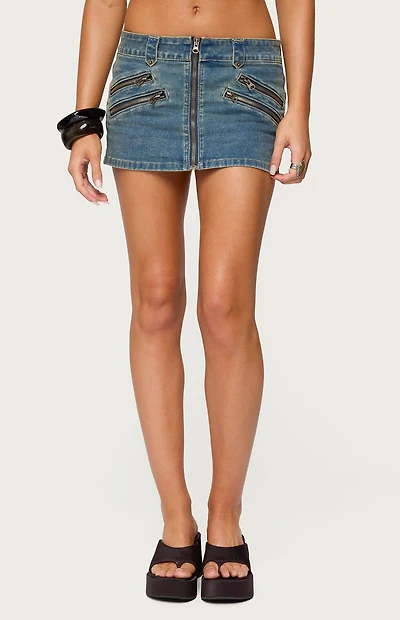 Edikted Ronan Zip Up Denim Mini Skort