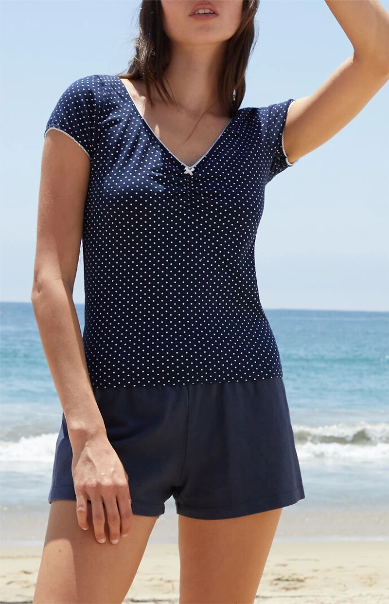 John Galt Navy Polka Dot Gina Cinched Top
