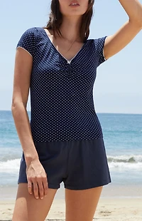 John Galt Navy Polka Dot Gina Cinched Top