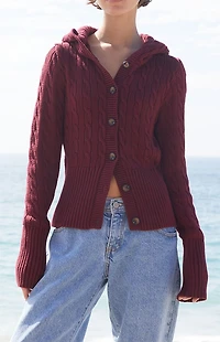 John Galt Burgundy Cable Knit Button Down Hooded Sweater