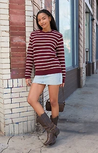 John Galt Burgundy Thin Stripe Crew Neck Sweater