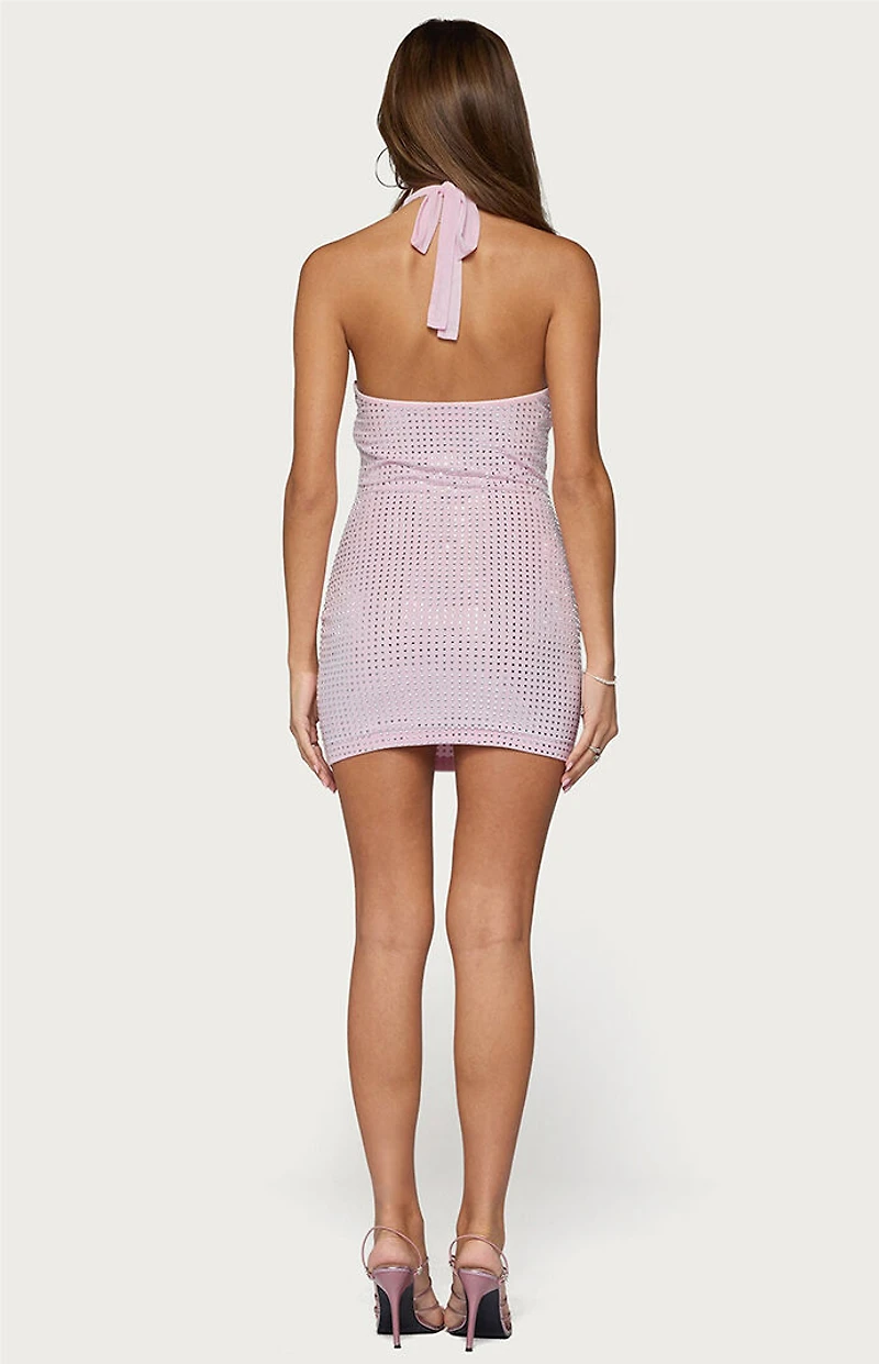 Edikted Avea Rhinestone Mesh Halter Mini Dress