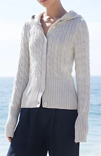 John Galt Light Gray Cable Knit Button Down Hooded Sweater