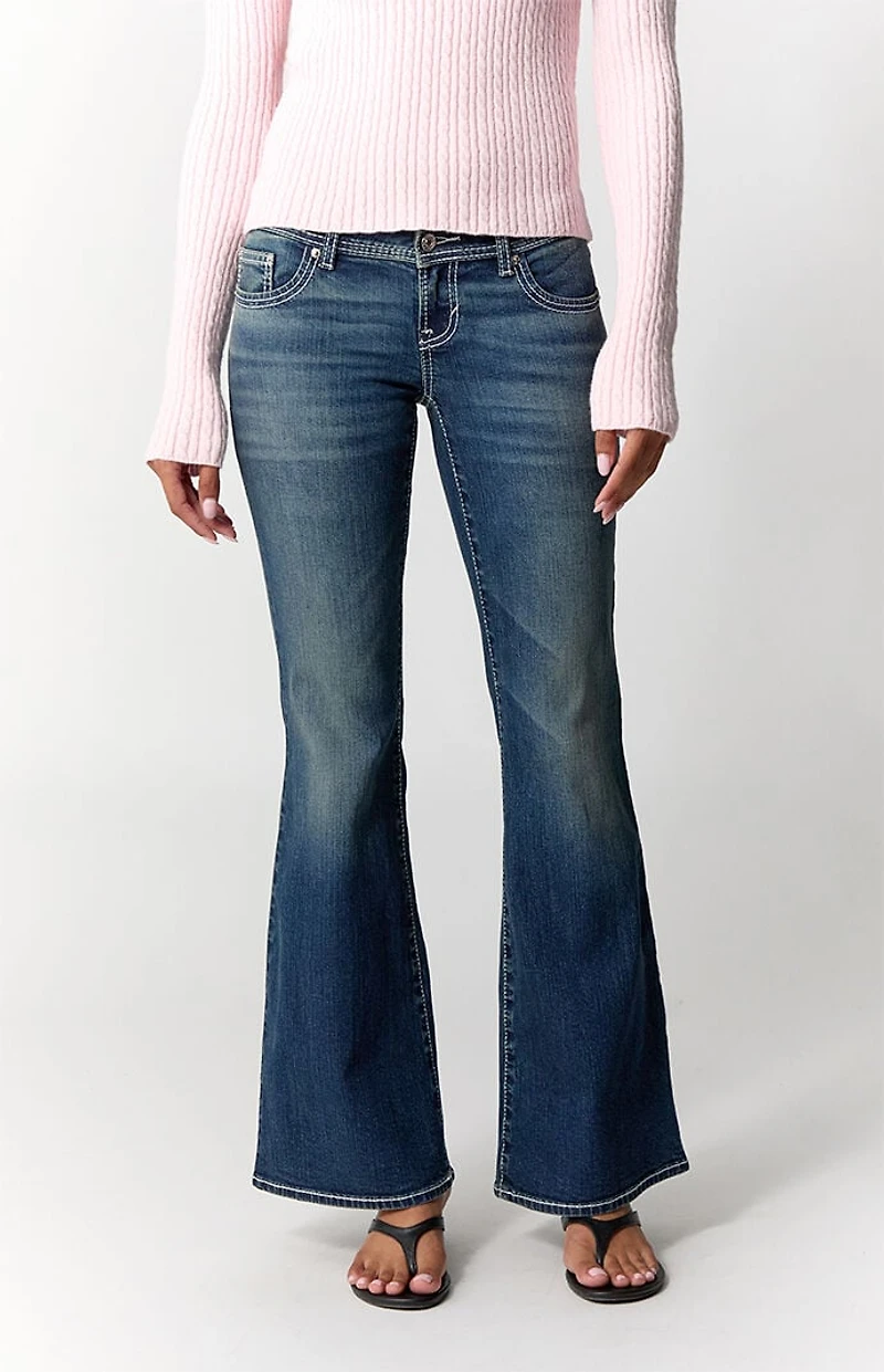 Pacsun Alana Ultimate Low Rise Flare Jeans Stretch Contrast Stitch Dark Blue
