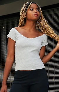 John Galt Gray Lace Ada Ribbed Top