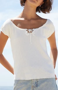 John Galt White Pointelle Short Sleeve Top