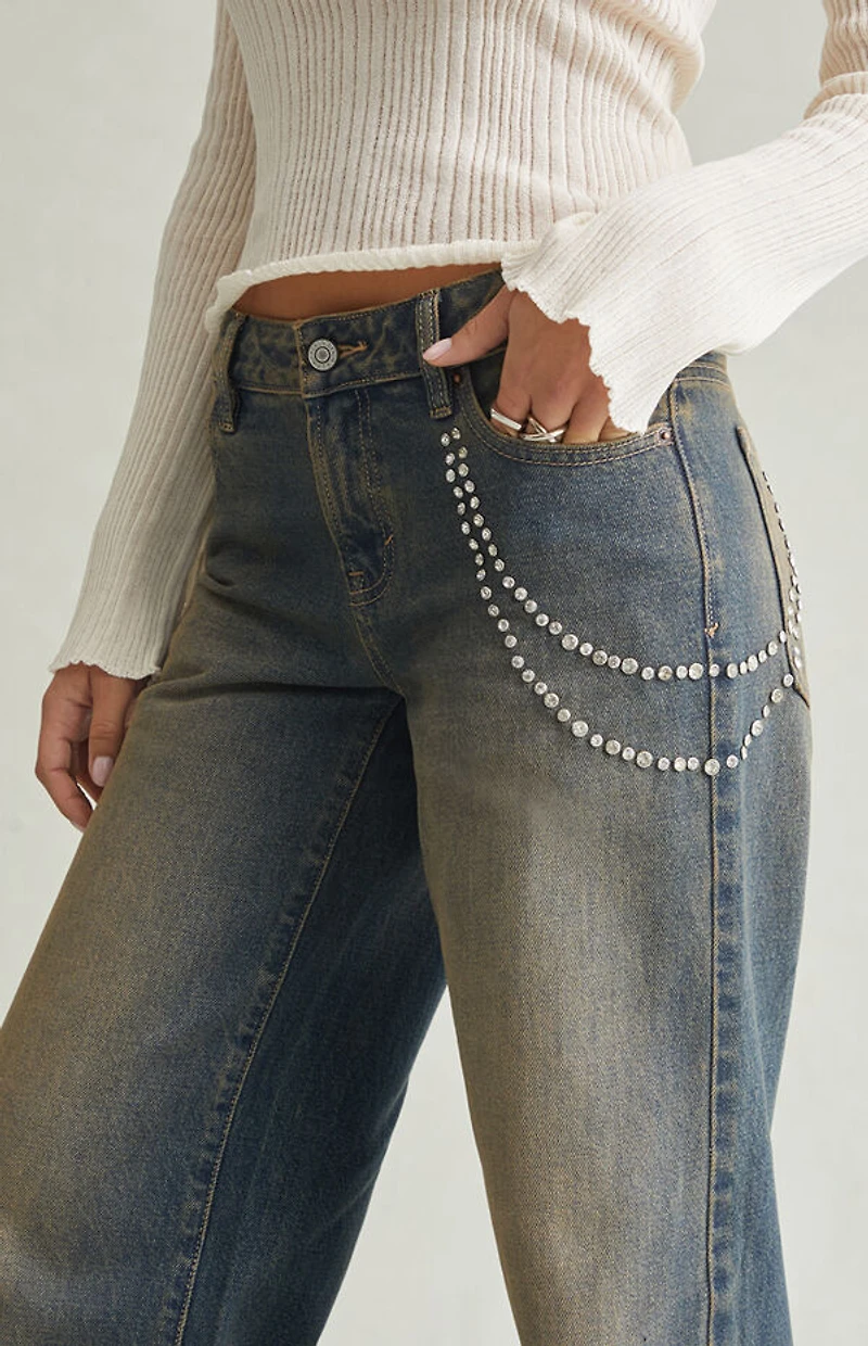 Pacsun Casey Low Rise Baggy Jeans Rhinestone Chain Tinted Blue