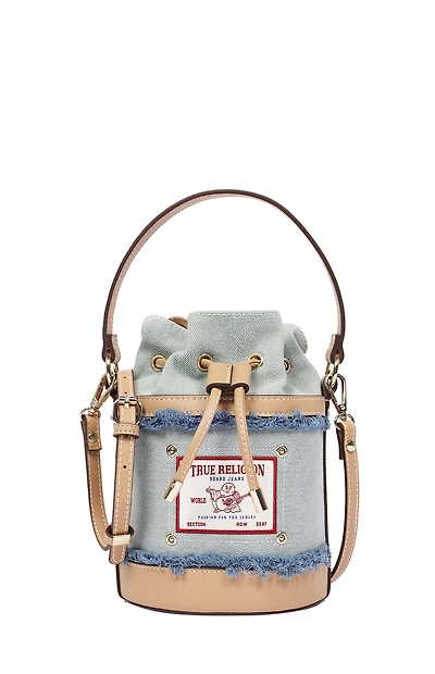 True Religion Buddha Patch Frayed Denim Bucket Bag
