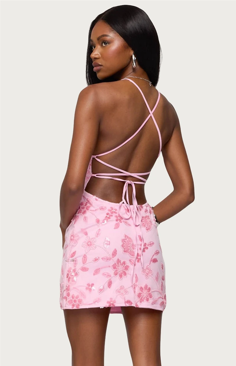 Edikted Ayv Sequin Floral Backless Mini Dress