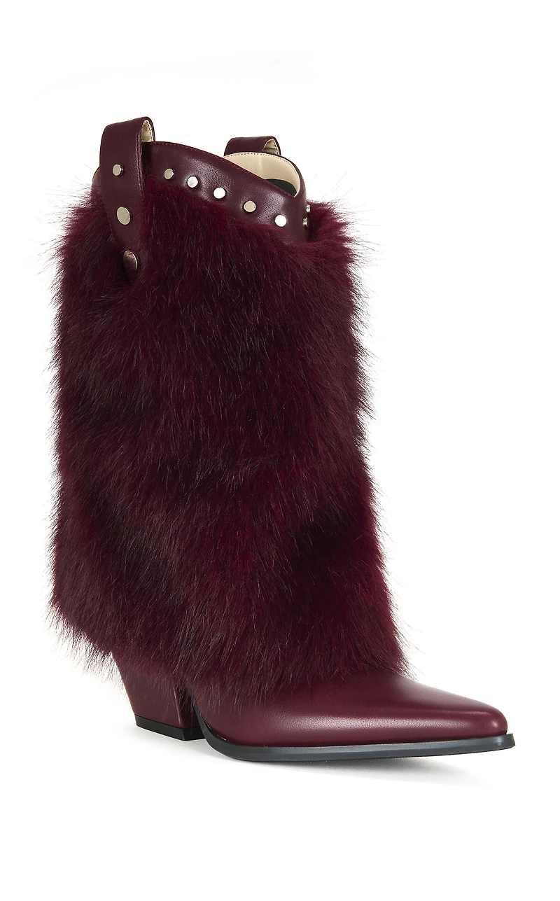 AZALEA WANG Women's Violetta Burgundy Faux Fur Western Booties