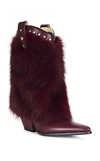 AZALEA WANG Women's Violetta Burgundy Faux Fur Western Booties