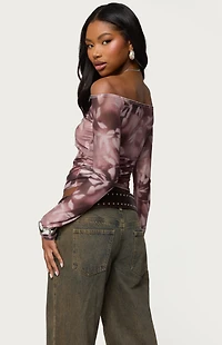 Edikted Off Shoulder Printed Sheer Mesh Top