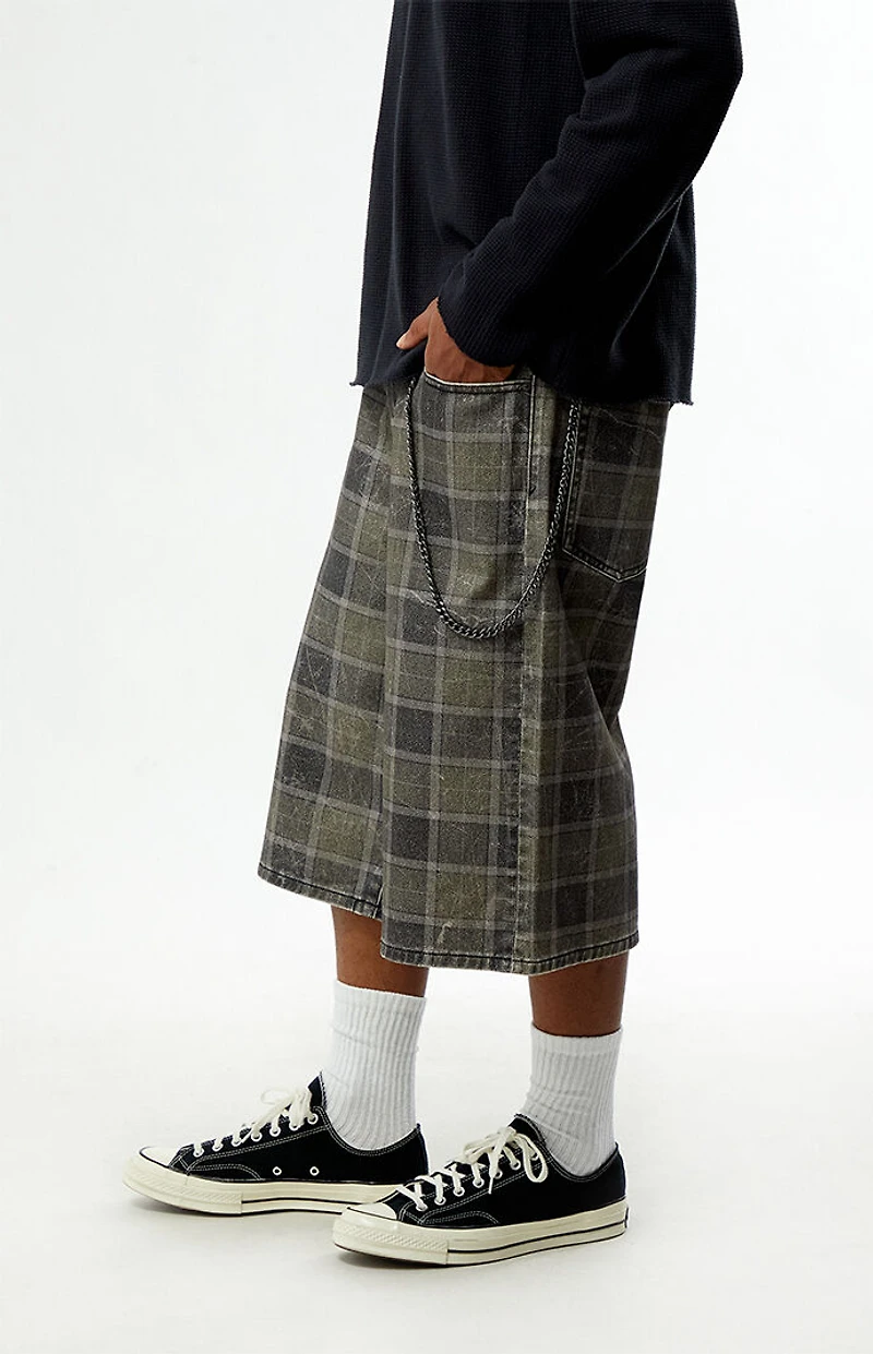 Pacsun Blaine Ultra Baggy Denim Shorts Chain Plaid Gray