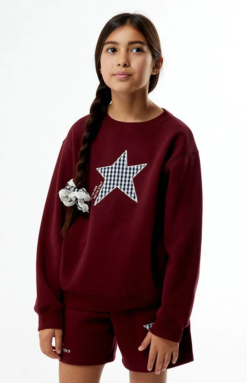 Pacsun Kids Maroon Plaid Star Embroidered Crew Neck Sweatshirt