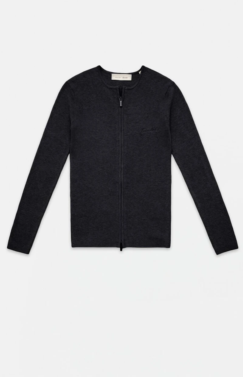 Fear of God ESSENTIALS Women's Vintage Black Signature Ribbed Knit Long Sleeve Zip Up Top