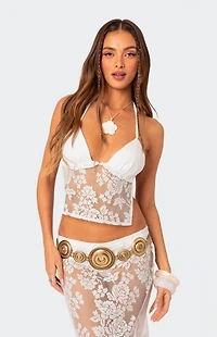 Edikted Bess Open Back Sheer Lace Halter Top