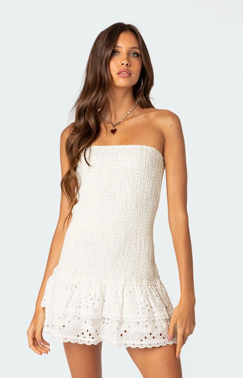 Edikted Livia Lacey Cotton Scrunch Mini Dress