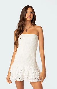 Edikted Livia Lacey Cotton Scrunch Mini Dress
