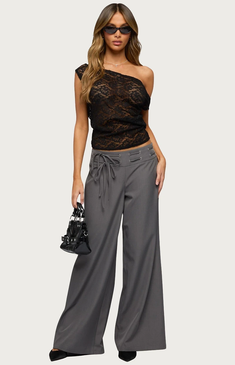 Edikted Kessa Sheer Lace Off Shoulder Top