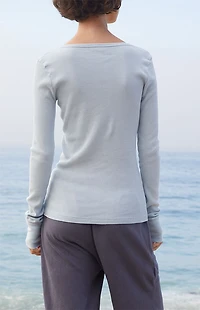 John Galt Light Blue Ribbed Button Long Sleeve Top