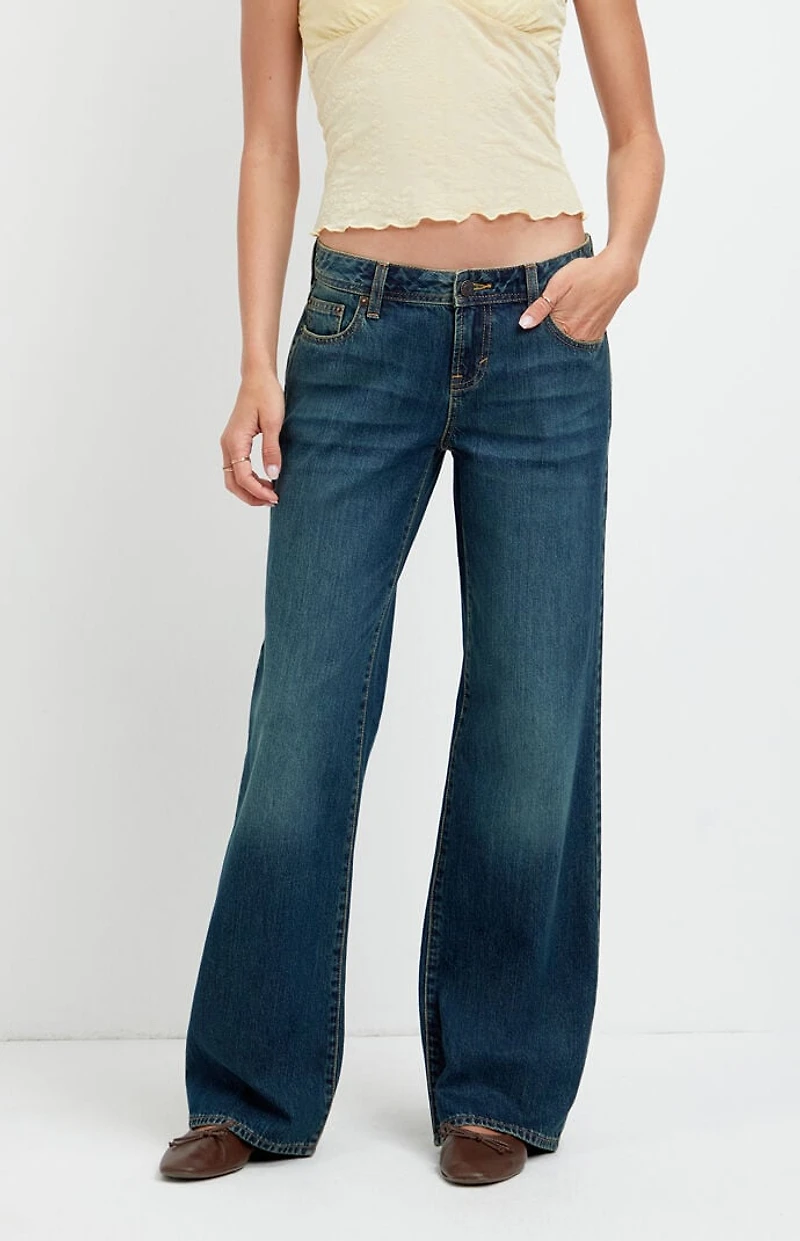 Pacsun Zoe Low Rise Girlfriend Jeans Flap Pocket Dark Blue