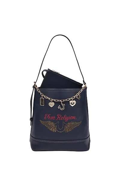 True Religion Chain Moto Faux Leather Bucket Bag