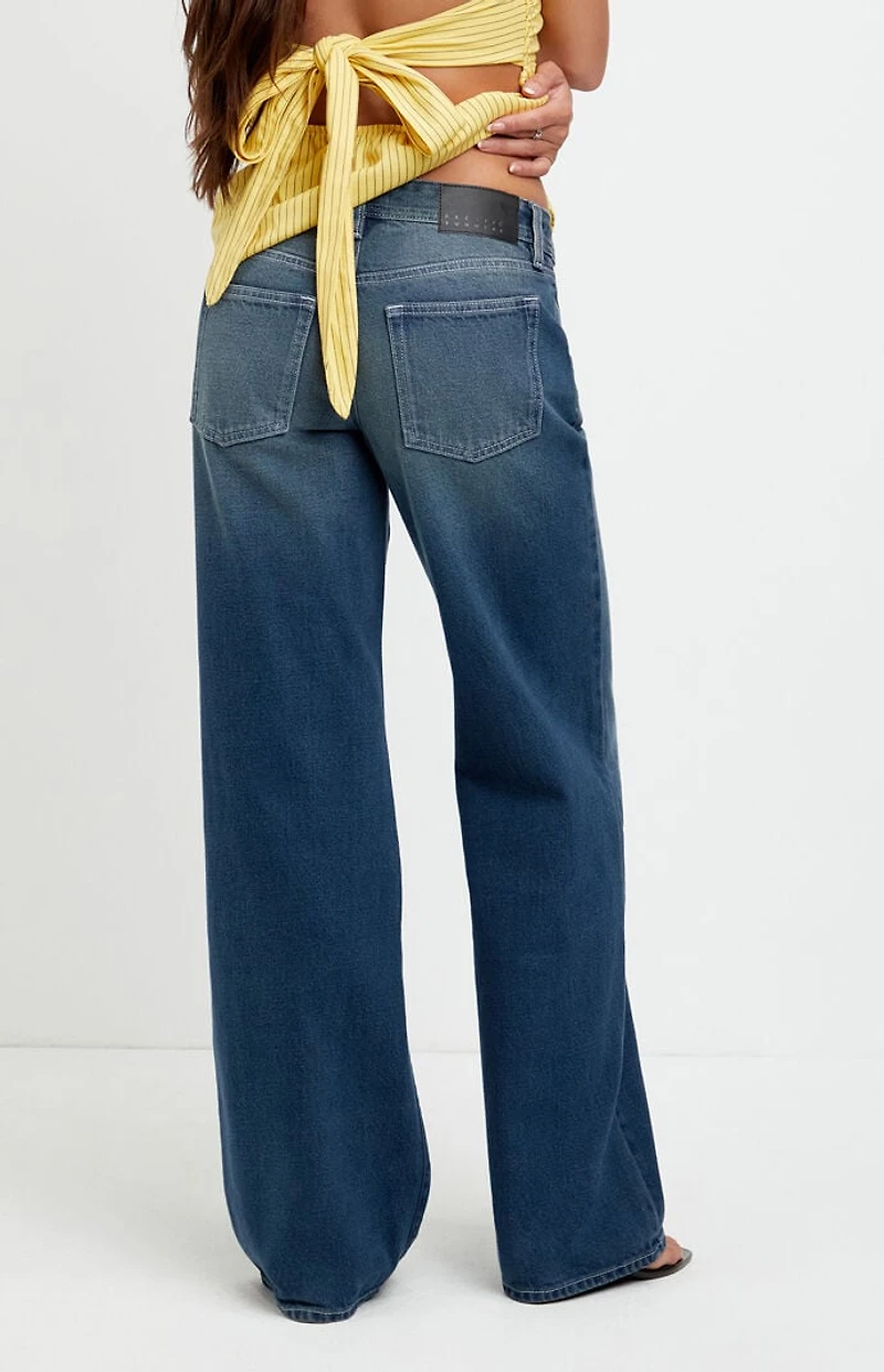 Pacsun Casey Low Rise Baggy Jeans Stacked Scoop Pocket Dark Blue